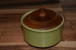 Mid Century Modern Ceramic Sugar Bowl With Wooden Lid - 3&3/4 " X 2&1/4 "