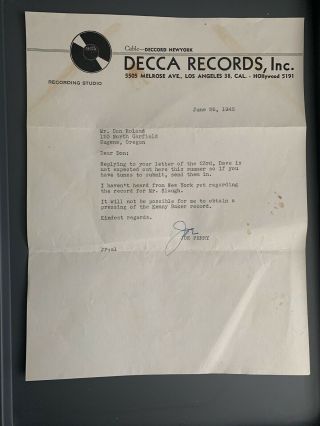 Vintage 1945 Decca Records Joe Perry Signed Letterhead Judy Garland Autograph