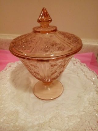 Vintage Federal Glass Company Pink Depression Pedestal Candy Dish W/lid Roses