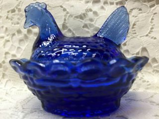 Blue Vaseline Glass Salt Peep Dip Hen Chicken On Nest Basket Dish Cobalt Uranium
