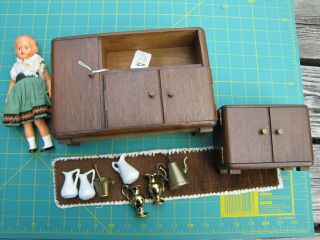 Antique/vintage Wooden German Doll Furniture Set W/ Small Vintage Doll - Set 5