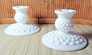 2 Vintage Fenton White Milk Glass Candle Holders / Hobnail / 3 " Tall