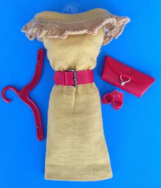 Vintage Barbie Gold Knit Sheath Dress W/red Belt,  Heels & Purse 1963 Fashion Pak