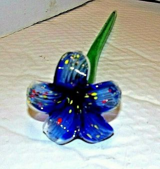 Vintage Art Glass Hand Blown Long Stem Blue Flower,  12 " Long