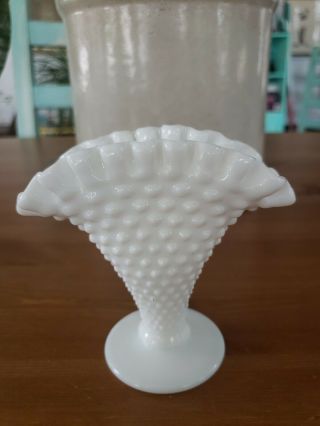 Vintage Fenton Hobnail White Milk Glass Small Fan Vase 4 " Tall