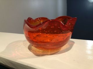 Reddish Orange Murano Glass Ash Tray Flower Bowl 3
