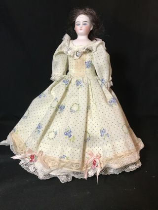 Antique Porcelain Doll With Kid Leather Body Clothes 19c Bisque Victorian Dress