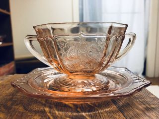 Mayfair Open Rose Pink Depression Glass Sugar Bowl And Saucer
