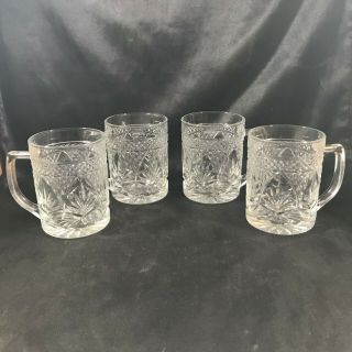 Set Of 4 Vintage Clear Pressed Glass Pineapple Diamonds Coffee Mugs