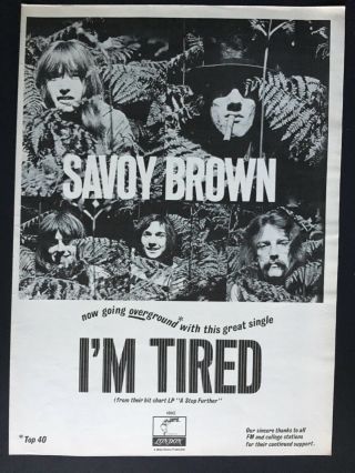 Savoy Brown 1969 11x14.  5 " Hit Single Ad For “i’m Tired”