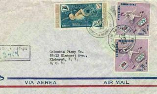 1959 Dominican Republic 505,  C101 (2) On Reg Cover To Us; Sports,  Flags Topical D