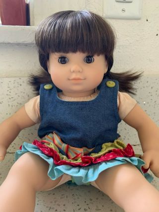 American Girl Bitty Baby Twin Doll Brunette Hair Brown Denim Dress