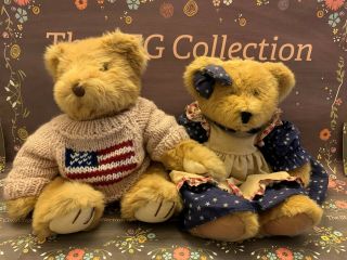 Russ Yankee Doodle & Amelia Collectible Bears Patriotic Red White Blue Flag Set