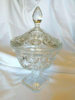 Vintage Clear Glass Lidded Candy Dish / Compote Cool Circles Pattern