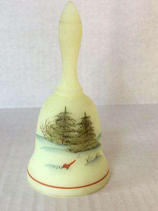 Vtg Fenton Satin Custard Glass Hand Painted Bell Cardinal Snow Pine Trees Signed