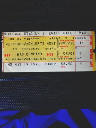 1975 Bad Company Concert Ticket Stub.  Chicago Stadium 5/19/75