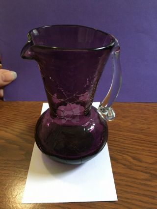 Vintage Amethyst Purple Art Glass Pitcher Hand Blown Crinkle 4 1/2 " Morgantown?