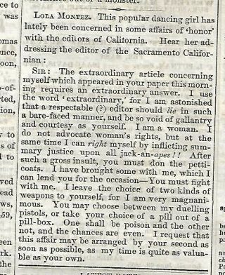 Letter From Lola Montez To The Ca Newspaper Re Affairs Of Honor 1853 News