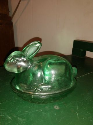Green Bunny Vintage Depression Style Glass Candy Dish Nut Jar Lid Cover Easter