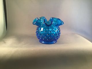 Vintage Small Blue Hobnail 3 " Bud Vase Ruffled Double Crimp Rim Unmarked