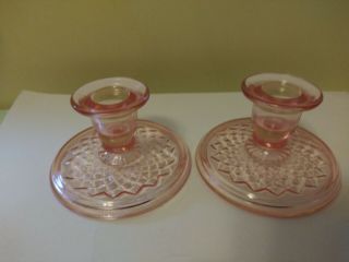 Vintage Set Of 2 Imperial Glass Pink Diamond Quilted Candle Holders