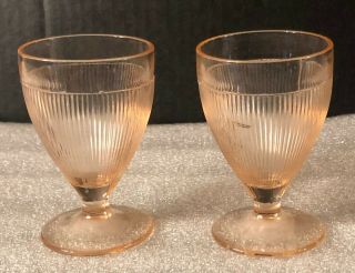 2 Vintage Jeannette Depression Glass Homespun Fine Rib Stemmed Juice Glasses