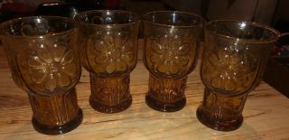 4 Vintage Libbey Amber Glass Daisy Floral Embossed Juice Glasses 1970s 6 Oz