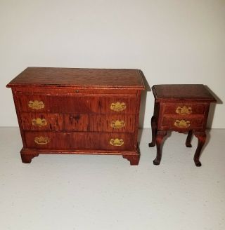 Antique Dollhouse Wood Bedroom Chippendale Chest Of Drawers & Night Stand 1940 