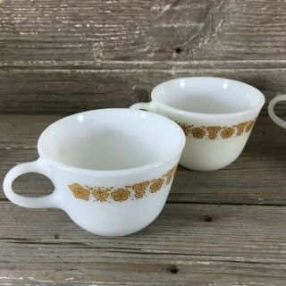 4 Vintage Pyrex Corning Corelle Gold Butterfly Coffee Cups - Small " C " Handle