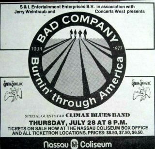Bad Company Rare 1977 Orig Ny Concert Print Ad,  Nassau Coliseum