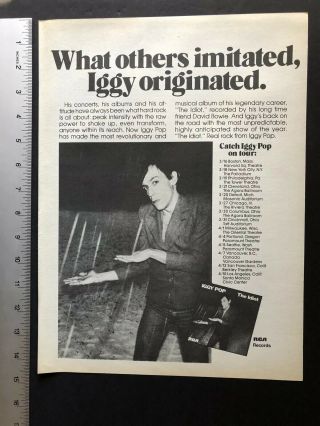 Iggy Pop 1977 11x14” Album Release “the Idiot” Promo Ad W/tour Dates