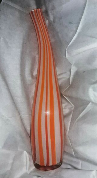 Clear Cased Red/white & Orange Candy Stripe Curved Bottle Shaped Art Glass Vase.