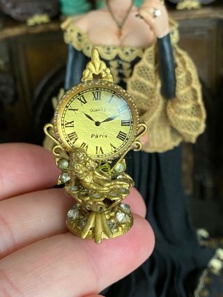 Vintage Miniature Dollhouse Artisan Ooak French Nouveau Mantle Clock 1:12 Unique