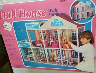 Vintage Blue Box Doll House With Furniture Barbie Scale Box