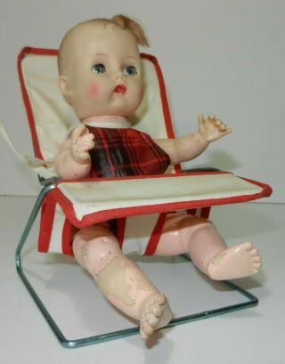 Vintage 8 " Rubber Baby Doll W/ Bouncy High Chair Seat Sleep Eyes Outfit