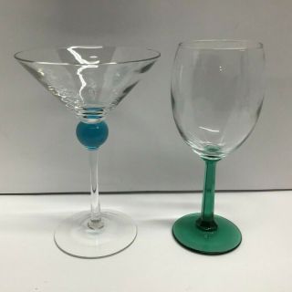 Vintage Green Stem Wine Glass And Clear Martini Glass With Turquoise Accent
