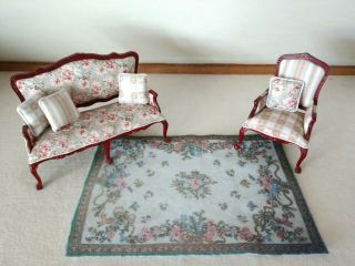 1:12 Dollhouse Living Room Sofa And Chair Set Victorian Sage Pink Floral/plaid