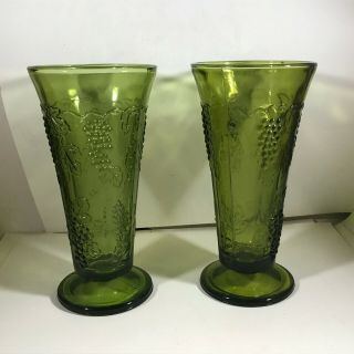 Vintage Indiana Glass Green Embossed Grape Footed Vases