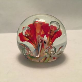 Vintage Hand Blown Glass Paperweight Trumpet Flowers Controlled Bubbles