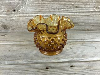 Vintage Fenton Hobnail Amber Art Glass Round Bowl With Ruffled Top 3.  25 "