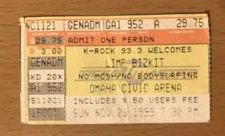1999 Limp Bizkit System Of A Down Method Man & Redman Omaha Concert Ticket Stub