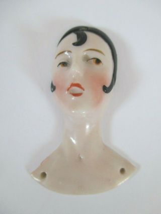 Antique German Porcelain Half Doll Flat Face Flapper Girl 2 1/8 X 1 1/4 Inches