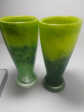 2 Green 7 " Heavy Art Glass Hand Blown Drinking Glass