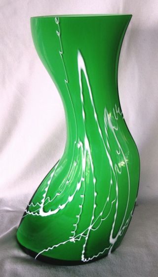 Stunning Vintage Bx Handblown Glass Vase,  Art Deco Style,  Green & White,  12 In.