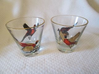 2 Vintage Hazel Atlas Whiskey Lowball Glasses Pheasants