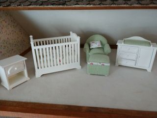 1/12 Scale Miniatures Baby Nursey Furniture Set White/green Plaid W Pink Floral
