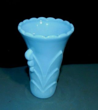 Blue Milk Glass ART DECO STYLE VASE w ARCHES & TAB HANDLES Scalloped Edge 5 1/2 