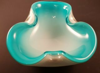 Vintage Murano Glass White Fade To Blue Teal,  Aqua,  Seafoam Cased Ashtray / Bowl