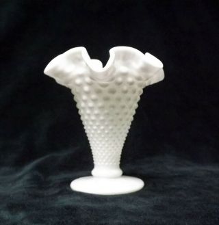 Fenton Hobnail Bud Vase,  White Milk Glass Ruffled Crimped Decorative Bud Vase 4 "