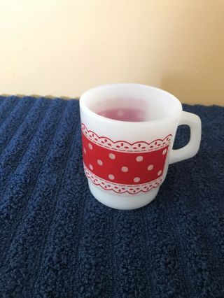Vintage Fire King Anchor Hocking Red Polka Dot Lace Mug Stacking Usa Oven Cup